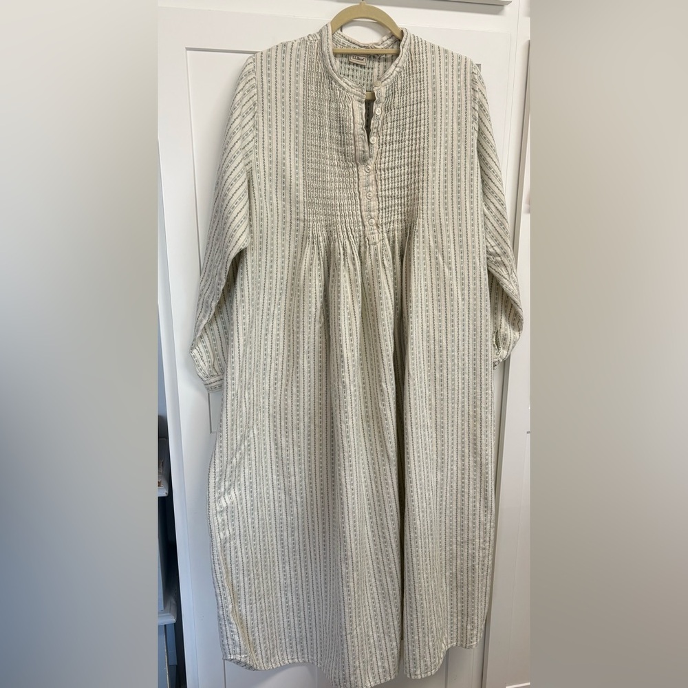 LL Bean Womens Green Striped Cotton Nightgown Long Sleeve Cottagecore Prairie XL